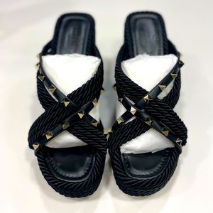 Valentino Garavani Torchon Rockstud Crisscross Wedge Espadrilles Slides/size8